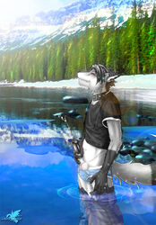 1boy 2009 anthro balls black_penis briefs canine collar color cum cumshot darkgoose day dripping ear_piercing forest fox fur furry lens_flare male male_only masturbation mountain orgasm outdoors penis piercing sheath snow solo t-shirt tree trees underwear water wet