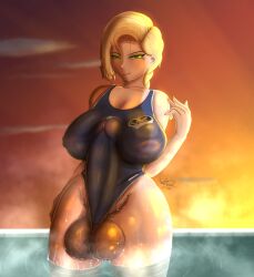 1futa balls beauty_mark blonde_futa blonde_hair blue_swimsuit demiri_(veryriski) erection futanari green_eyes hairy_balls large_balls large_penis large_testicles looking_at_viewer penis precum pubic_hair steam steamy suggestive_look sunset swimming_pool swimsuit tagme transparent_clothing veryriski visible_through_clothes water