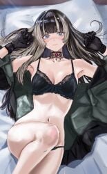 1girls armpits bed black_hair blue_eyes blush bra breasts closed_mouth clothing dhbwinner feet_out_of_frame female female_only gloves grey_hair hololive hololive_dev_is hololive_regloss juufuutei_raden laying_down laying_on_back laying_on_bed long_hair looking_at_viewer lying_down lying_on_back lying_on_bed multicolored_hair navel open_clothes panties pillow surprised surprised_expression sweat sweatdrop virtual_youtuber
