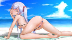 1girl ^jj^ all_fours anal_ball_wear ass barefoot beach bikini blonde_hair butt_plug commentary_request flat_chest grey_hair horizon hoshino_ruri kidou_senkan_nadesico long_hair looking_at_viewer nipple_stimulation ocean parted_lips pearl_bikini ribs sex_toy solo swimsuit twintails vibrator vibrator_on_nipple