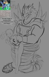 armor digital_drawing_(artwork) dragon dragon_city grey_background horns implied_choking size_difference text_bubble tongue tornado