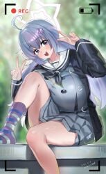 1girl aged_up big_breasts blue_archive camera_pov huge_breasts peace_sign recording reisa_(blue_archive) school_uniform shangdi_de_fa_zhang skirt solo solo_female thick_thighs