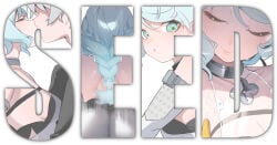 1boy 1girl ass bare_shoulders blue_eyes blue_hair blush braid breasts character_name closed_eyes cum cum_on_body french_kiss highres kiss long_hair looking_at_viewer open_mouth see-through_clothes seed_(zenless_zone_zero) simple_background smile white_background wise_(zenless_zone_zero) zasshu zenless_zone_zero