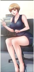 fair_skin office_lady pointing pornwha short_hair sitting_on_chair sleeveless