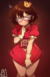 covering_crotch crossdressing crown embarrassed femboy glasses no_pants princess princess_dress semidraws semifemboi_(semidraws) solo solo_male