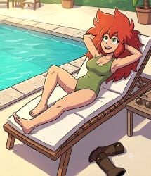 1girl 1girls ai_generated arms_behind_head bare_arms bare_legs barefoot boots boots_removed breasts chair cleavage female female_focus female_only green_swimsuit hands_behind_head looking_up lying lying_on_back lying_on_chair nomad_of_nowhere on_back one-piece_swimsuit one_piece_swimsuit pool pool_chair poolside potted_plant red_hair rooster_teeth skout solo solo_female solo_focus sunglasses sunglasses_removed swimsuit zupern0va_(manipper)