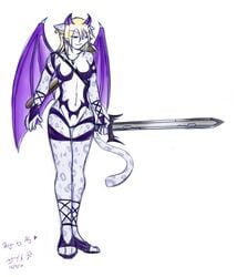 alyssasuccubus armor drawn feline female hi_res katsuke kita piercing pussy snow_leopard solo spots succubus sword weapon wings