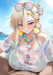 1boy 1girl absurdres aqua_bikini bikini bikini_top_under_shirt bikini_under_clothes blonde_hair blue_sky blush braid braided_bangs breasts closed_mouth clothed_sex commentary day erection eyewear_on_head flower fruit_earrings hair_between_eyes hair_flower hair_ornament hetero highres jewelry large_breasts long_hair looking_at_viewer low_twintails lynae_(peppermint)_(wuthering_waves) lynae_(wuthering_waves) m_(1n910) necklace official_alternate_costume outdoors paid_reward_available paizuri paizuri_under_clothes penis pov purple_eyes round_eyewear see-through_clothes see-through_shirt shirt sky sunglasses swimsuit twintails white_flower white_shirt wuthering_waves
