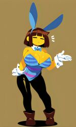 1girls ai_generated big_breasts brown_background brown_hair bunny_costume bunny_ears bunnysuit closed_eyes huge_breasts solo solo_female solo_focus undertale undertale_(series) yellow_skin