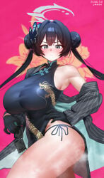 1girl aged_up artist_request big_ass big_breasts black_hair blue_archive blush buns china_dress condom dark_hair dragon_print gloves grey_eyes halo huge_breasts kisaki_(blue_archive) long_hair looking_at_viewer solo solo_female thick_thighs