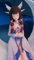 3d 3d_render black_hair breasts columbina_(genshin_impact) female genshin_impact highres hoyoverse jewelry long_hair looking_at_viewer navel purple_eyes smile solo tagme topless variant visualtrebol