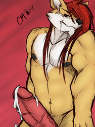 1boy anthro blue_eyes canine cum cursedmarked drool erection eyes fur furry grin hair hyper looking_at_viewer male male_only muscles nipples notveryathletic nude penis pose presenting red_hair red_wolf saliva solo standing wolf wolf_nanaki