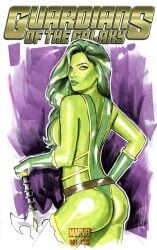 1girls 2017 alien ass big_ass female gamora green_hair green_skin guardians_of_the_galaxy marvel solo sword tagme_(artist) traditional_media_(artwork)