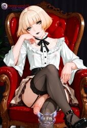 1boy ai_generated blonde blonde_hair femboy flaccid flaccid_penis goth gothic green_eyes half-closed_eyes half-dressed half-erect half_naked half_nude hi_res high_heels high_quality high_resolution ilfb looking_at_viewer medium_hair more_at_source original original_character otoko_no_ko precum request requested sitting sitting_down skirt solo solo_focus staring thighhighs thighs throne trap wide_hips