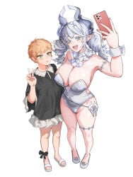 2girls artist_request blonde_hair boobs bunnysuit cellphone chain collar demon demon_girl demon_horns female female_only fringe green_eyes human knight_(yu-gi-oh!) konami labrynth_of_the_silver_castle large_breasts leotard lovely_labrynth_of_the_silver_castle necklace open_mouth peace_sign pointy_ears safe shoes silver_eyes size_difference smile suit thighs twin_drills twintails v_sign white_hair younger_female yu-gi-oh!