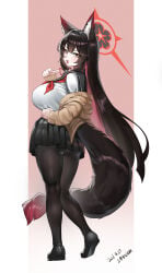 1girl big_ass blue_archive fox_ears fox_girl fox_tail halo huge_breasts long_hair looking_at_viewer looking_back school_uniform shangdi_de_fa_zhang sideboob skirt solo_female wakamo_(blue_archive)
