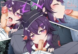 1boy 1girl blue_archive censored commentary_request cum cum_in_mouth erection fellatio hair_ornament hairclip halo haruka_(blue_archive) hat heart hetero highres kagayai_akira looking_at_viewer military_uniform mosaic_censoring oral penis purple_eyes purple_hair purple_halo sensei_(blue_archive) short_hair_with_long_locks