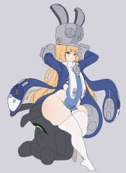 1girls arms_up bangboo_(zenless_zone_zero) blush bottom_heavy bubble_butt female_focus female_only flat_colors gyrbdark hat huge_ass leaning_back long_hair mostly_clothed norma_hollowell petite simple_background sitting skimpy_clothes small_breasts smug smug_face solo solo_female thick_thighs thighhighs zenless_zone_zero