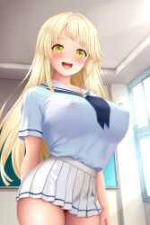 1girls 3:4 3:4_aspect_ratio alternate_breast_size alternate_breast_size_(larger) arm_behind_back arm_on_thigh artist_request bang_dream! bang_dream!_girls_band_party! blonde_hair blue_ribbon blush breasts ceiling chalkboard classroom clothed clothing covered_nipples cowboy_shot day daylight daytime diagonal_bangs ears eyebrows_visible_through_hair female female_focus female_only hanasakigawa_school_uniform hand_behind_back indoors large_breasts light_blue_shirt long_hair looking_at_viewer miniskirt neck_ribbon nipples nipples_visible_through_clothing no_bra open_mouth pillar pleated_skirt portrait sailor_collar school school_uniform schoolgirl serafuku shirt short_sleeves skirt smile solo solo_female standing straight_hair swept_bangs teeth thighs tongue tsurumaki_kokoro upper_teeth upper_teeth_only wall white_skirt window yellow_eyes