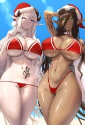 2girls absurd_res armpits ayuma_sayu big_breasts christmas_outfit original pale_skin red_bikini shiroshisu sunglasses tanned tanned_skin thick_thighs