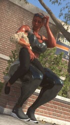 araven72 armpit_fetish dominant face_in_armpit femdom giantess latex_clothing looking_at_another mini_giantess muscular muscular_arms muscular_female muscular_giantess muscular_legs smiling steamy_armpit sunglasses_on_head sweaty_armpit