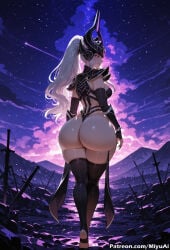 1girl ai_assisted ai_generated ass black_hair black_legwear breasts curvaceous curvy curvy_female curvy_figure female from_behind full_body gloves high_heels large_breasts league_of_legends long_hair looking_at_viewer looking_back miyuai night night_sky ponytail red_eyes shooting_star sky solo standing star_(sky) starry_sky syndra thick thick_ass thick_butt thick_hips thick_legs thick_thighs thighhighs thong voluptuous voluptuous_female wide_hips wide_thighs