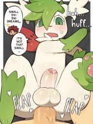 2boys anal anthro balls blush blush_lines bodily_fluids colored dialogue duo english_text generation_4_pokemon genital_fluids genitals green_body green_eyes hair hi_res human human_on_anthro human_on_pokemon humiliation legendary_pokemon male male/male male_only mammal nintendo penis penis_humiliation plap pokemon pokemon_(species) pokephilia red_hair sex shaded shaymin sky_forme_shaymin small_penis_humiliation speech_bubble svkhaiminh sweat sweatdrop text white_body yaoi