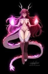 1girls 2024 artist_name artist_signature big_breasts black_background brown_hair completely_nude cslucaris dragon_girl dragon_horns dragon_tail flames floating heterochromia long_hair long_tail neo_(rwby) new_year patreon_username pink_fire pink_hair rwby scales split-color_hair viz_media