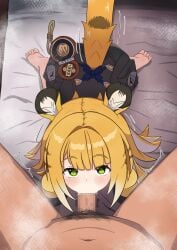 1boy 1girl absurdres all_fours animal_ear_fluff animal_ears barefoot blonde_hair blush bow censored clothed_female_nude_male colored_inner_hair commentary_request feet fellatio green_eyes hetero highres ju_fufu licking licking_penis long_hair looking_at_viewer mosaic_censoring multicolored_hair navel ng1sh8 nude on_bed oral penis pubic_hair soles solo_focus striped_fur striped_hair tail tail_bow tail_ornament textless_version tiger_ears tiger_girl tiger_stripes tiger_tail toes white_hair zenless_zone_zero