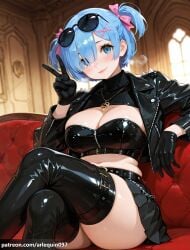 1girl ai_generated alternate_costume arlequin097 bandeau belt black-framed_eyewear black_belt black_footwear black_gloves black_jacket black_skirt black_thighhighs black_tube_top blue_eyes blue_hair blush boots bow breasts breath buckle chain cleavage cleavage_cutout closed_mouth clothing_cutout couch crop_top cropped_jacket crossed_legs eyes_visible_through_hair eyewear_on_head feet_out_of_frame gloves hair_bow hair_ornament hair_over_one_eye hair_ribbon hand_up indoors jacket jewelry large_breasts leather leather_jacket lips long_sleeves looking_at_viewer midriff miniskirt navel necklace on_couch open_clothes open_jacket pink_bow pink_ribbon pleated_skirt re:zero_kara_hajimeru_isekai_seikatsu rem_(re:zero) ribbon shiny_clothes short_hair short_twintails shrug_(clothing) sitting skindentation skirt smile solo spikes stomach strapless sunglasses thigh_boots thighhighs thighs tube_top turtleneck twintails two_side_up v window x_hair_ornament zettai_ryouiki zipper