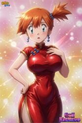 1girl artist_logo artist_name artist_signature big_tits big_titties blue_eyes_female chinese_clothes concerned_look earrings female female_only hips kasumi_(pokemon) light-skinned_female marked_hips misty_(pokemon) multicolored_background nintendo not_porn orange-haired_female perfect_body pigtail pokegirl pokemon red_dress sexy_girl short_hair the_pokemon_company x_username yallahs80