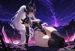 1girl ai_assisted ai_generated armor artist_name black_legwear breasts cleavage curvaceous curvy curvy_female curvy_figure ear_protection female forehead_protector gloves helmet highleg large_breasts league_of_legends lips long_hair looking_at_viewer miyuai night night_sky pauldrons pink_eyes shooting_star shoulder_armor silver_hair sitting sky solo star_(sky) starry_sky syndra thick thick_ass thick_butt thick_hips thick_legs thick_thighs thighhighs thighs vambraces voluptuous voluptuous_female weapon wide_hips wide_thighs