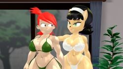 2girls 3d anthro belly_button big_breasts bikini black_hair cartoon_network catgirl crossover foster's_home_for_imaginary_friends frankie_foster furry green_bikini human_female kabalmystic_(style) kitty_katswell mikumikudance mmd nickelodeon red_hair sinkcandycentral t.u.f.f._puppy underwear white_underwear