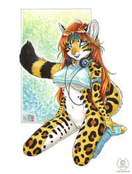 2010 anthro armband black_fur blue_eyes bottomless breasts brown_fur clothes feline female female_only fur furry_breasts furry_ears furry_tail hair headband headphones ipod kacey leg_warmers leopard long_hair looking_aside mp3_player navel ocelot open_eyes open_mouth orange_hair pink_nose pussy sitting skimpy_clothes smile solo striped_tail tail underboob yellow_fur