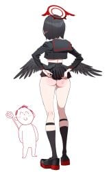 1girl absurdres ass black_hair black_sailor_collar black_serafuku black_shoes black_socks black_wings blue_archive commentary cropped_shirt dnlwnsaks doodle_sensei_(blue_archive) feathered_wings from_behind halo high-waist_skirt highres kneehighs looking_at_another low_wings mashiro_(blue_archive) microskirt midriff no_genitals pleated_skirt red_halo sailor_collar school_uniform sensei_(blue_archive) serafuku shoes short_hair skirt slap_mark socks solo wings