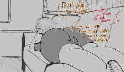 1futa 2026 ass_view bike_shorts bulge commission commissioner_upload couch critnuke dialogue huge_ass implied_futa large_breasts light_hair living_room looking_back monochrome nipple_bulge off_screen_character sketch slides sports_bra thicc view_from_behind ych
