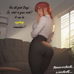 1girls ai_generated ass_focus chainsaw_man clothed clothing couch dialogue english_text female female_only fully_clothed large_ass large_breasts looking_at_viewer looking_back makima_(chainsaw_man) office red_hair shirt solo text tuxedo yellow_eyes