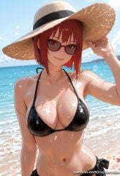 1girl ai_generated artist_name bare_arms bare_shoulders beach bikini black_bikini blue_sky bob_cut breasts brown_headwear cleavage closed_mouth cloud collarbone day fanbox_username halterneck hand_on_headwear hat kermixx large_breasts lens_flare lips looking_at_viewer looking_over_eyewear naruto_(series) navel ocean outdoors patreon_username red-framed_eyewear red_eyes red_hair sand scar scar_on_arm shiny_skin short_hair side-tie_bikini_bottom sky smile solo starfish stomach straw_hat string_bikini sun_hat sunglasses sunlight swimsuit upper_body uzumaki_karin water web_address wet