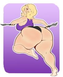 1girls ass ass_bigger_than_head ass_bigger_than_torso ass_focus barefoot big_ass big_breasts blonde_hair bottom_heavy breasts bubble_butt busty commission crop_top dagger fat_ass female female_only gluteal_fold huge_ass kejohndrawing large_ass large_breasts looking_at_viewer looking_back massive_ass n-kosi n-kosi_(coloring) original panties png rear_view solo sports_bra the_reaper_lisa_(kejohndrawing) thick_ass thick_thighs thunder_thighs weapon wide_hips