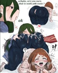 2026 2girls ahe_gao anilingus anilingus_through_clothes ass ass_focus ass_grab ass_up asui_tsuyu black_necktie black_pants boku_no_hero_academia dialogue eating_ass female female/female female_only huge_ass long_hair long_tongue my_hero_academia necktie ochako_uraraka open_mouth pants rimming rimming_female sneaksmile sweat sweaty tagme text tsuyu_asui uraraka_ochako wide_eyed