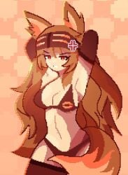 1girl 1girls 2026 animal_ears annoyed annoyed_expression arm_stockings arms_behind_head big_hair bikini brown_eyes brown_hair cathie_(rivergravidade) color colored female female_focus female_only headwear long_hair looking_at_viewer pixel_art rivergravidade solo solo_female solo_focus tagme tail thigh_highs thighhighs