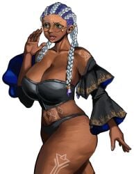 1girls big_ass big_breasts big_tits bikini blue_hair bodypaint dairenke_art dark-skinned_female dark_skin dolores_(kof) dress fat_ass glasses gold gold_(metal) gold_jewelry green_eyes huge_breasts king_of_fighters long_hair panties round_glasses standing thick thick_ass toned toned_female two-tone_hair white_hair
