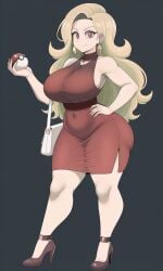 1girls ai_generated bag big_ass big_breasts blonde_hair curvaceous curvy_female dark_purple_eyes dress dress_slit eyes female female_only game_freak high_heels hourglass_figure huge_ass large_breasts light-skinned_female light_skin long_hair looking_at_viewer milf nintendo original_character pawg pokeball pokemon standing thick thick_thighs voluptuous voluptuous_female wide_hips