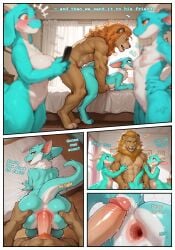 4_fingers anal anal_penetration anthro anthro_on_anthro anthro_penetrated anthro_penetrating anthro_penetrating_anthro anus bed bedroom big_penis blurred_foreground breasts comic detailed_background dialogue english_text feet felid female fingers from_behind_position fur furniture furred_kobold furred_scalie gaping gaping_anus genitals group hi_res interspecies julia_(nonimousmate) kobold large_penetration larger_male laugh lion male male/female mammal maria_(nonimousmate) max_(nonimousmate) multicolored_body multicolored_fur nonimousmate nude on_bed pantherine penetration penile penile_penetration penis penis_in_ass pull_out scalie sex silvia_(nonimousmate) size_difference smaller_female solo_focus taking_picture text toes two_tone_body two_tone_fur