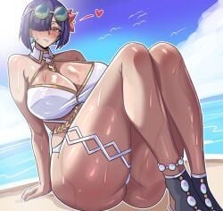 ass ass_focus beach big_breast bikini blush breasts cleavage eye_covered fire_emblem fire_emblem_heroes grayside hi_res hodr_(fire_emblem) huge_ass huge_breast large_breasts short_hair sitting sunglasses sweat swimsuit thick_thighs white_bikini wide_hips yellow_eyes