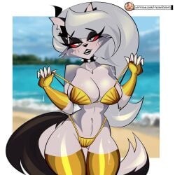 1girl 1girls belly belly_button bikini bikini_bottom bikini_top boobs breasts furry furry_ears furry_only furry_tail golden_bikini hellaverse helluva_boss loona_(helluva_boss) red_eyes tagme tail teaofcolors tits white_fur white_hair