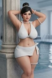 1girls 3d ai_generated arm_accessory armpits arms_behind_head belly_button black_hair black_outline bracelet brown_eyes cleavage earrings eyelashes eyeshadow female female_only gemini hair_bun hourglass_figure knees large_breasts light-skinned_female lipstick looking_at_viewer lounge_chair luxurious mature_female midriff milf narrow_waist pearl_(gem) pearl_bracelet pearl_earrings pearl_hair_ornament pearl_necklace pillar poolside rgomez007 sarong seductive_look self_upload semirealistic slight_smile solo_female standing swimsuit thick_lips thick_thighs thighlet tied_clothing updo voluptuous wide_hips