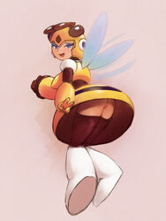 1girls ass bee capcom chombie clothed clothing female female_only helmet honey_woman mega_man mega_man(classic) open_mouth presenting presenting_pussy purple_eyes pussy robot robot_girl simple_background solo thighs vesper_woman wings