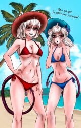2girls alternate_version_available beach bikini bikini_bottom bikini_top blue_bikini bottomwear breasts demon demon_girl demon_horns demon_tail english english_text eyewear female female_only front_view glasses hair hand_on_hip hat headwear helltaker hips horns lucifer_(helltaker) medium_breasts pandemonica_(helltaker) red_bikini red_eyes small_breasts sunglasses swimwear tail teroky text thighs topwear white_hair