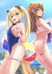 2girls akate ass ass_press ball_(object) beach_ball bikini black_ribbons blonde_hair blue_bikini blue_eyes blush brown_eyes brown_hair brunette dead_or_alive dead_or_alive_xtreme_venus_vacation holding_beach_ball holding_beachball inflatable lace large_ass large_breasts long_hair looking_at_viewer marie_rose medium_breasts misaki_(doa) open_mouth peace_sign plump_ass pool_toy red_bow red_ribbon skindentation squeeze squeezing summer sunny twintails v_sign white_bikini